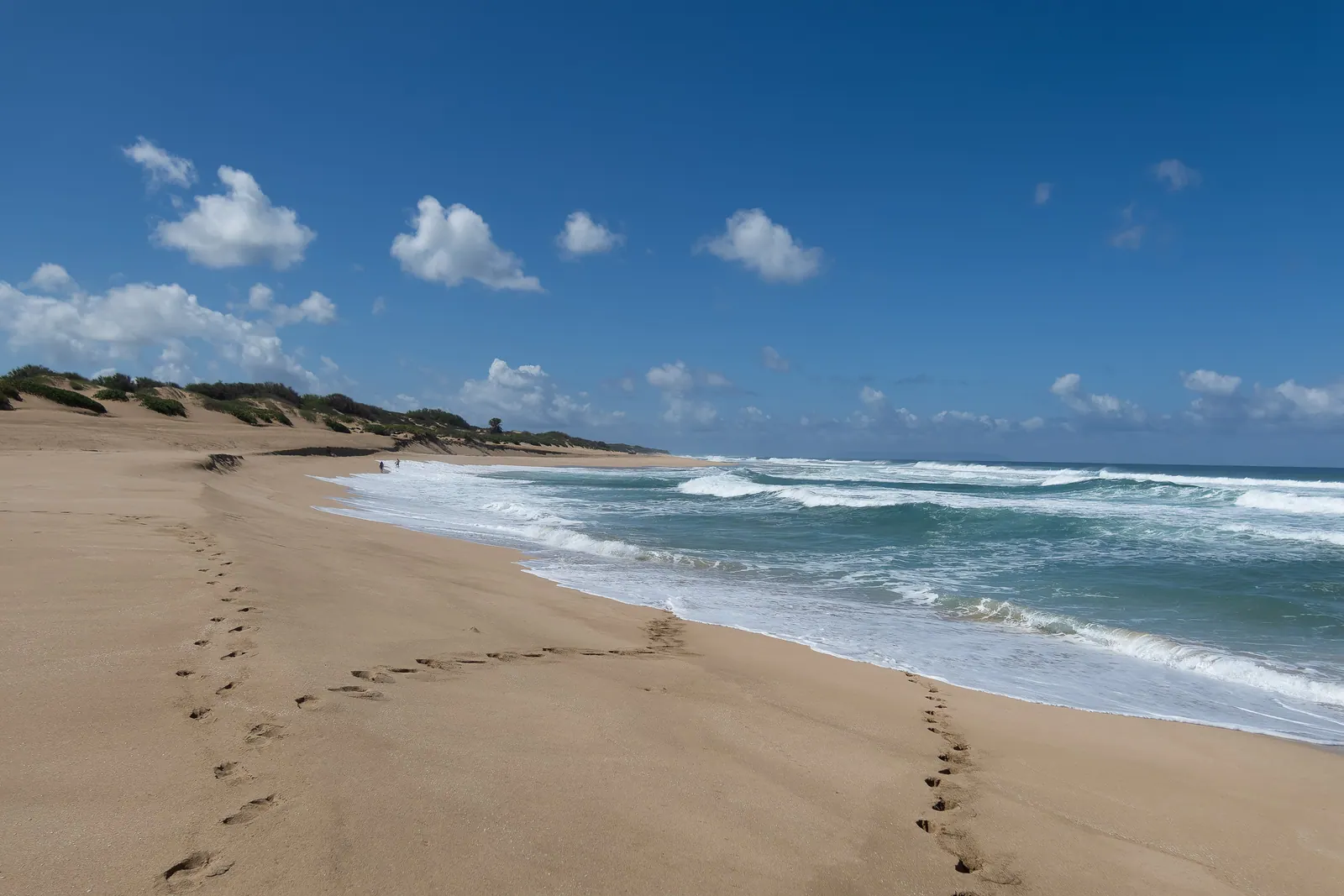 Footprints across a wide sand beach toward the surf.