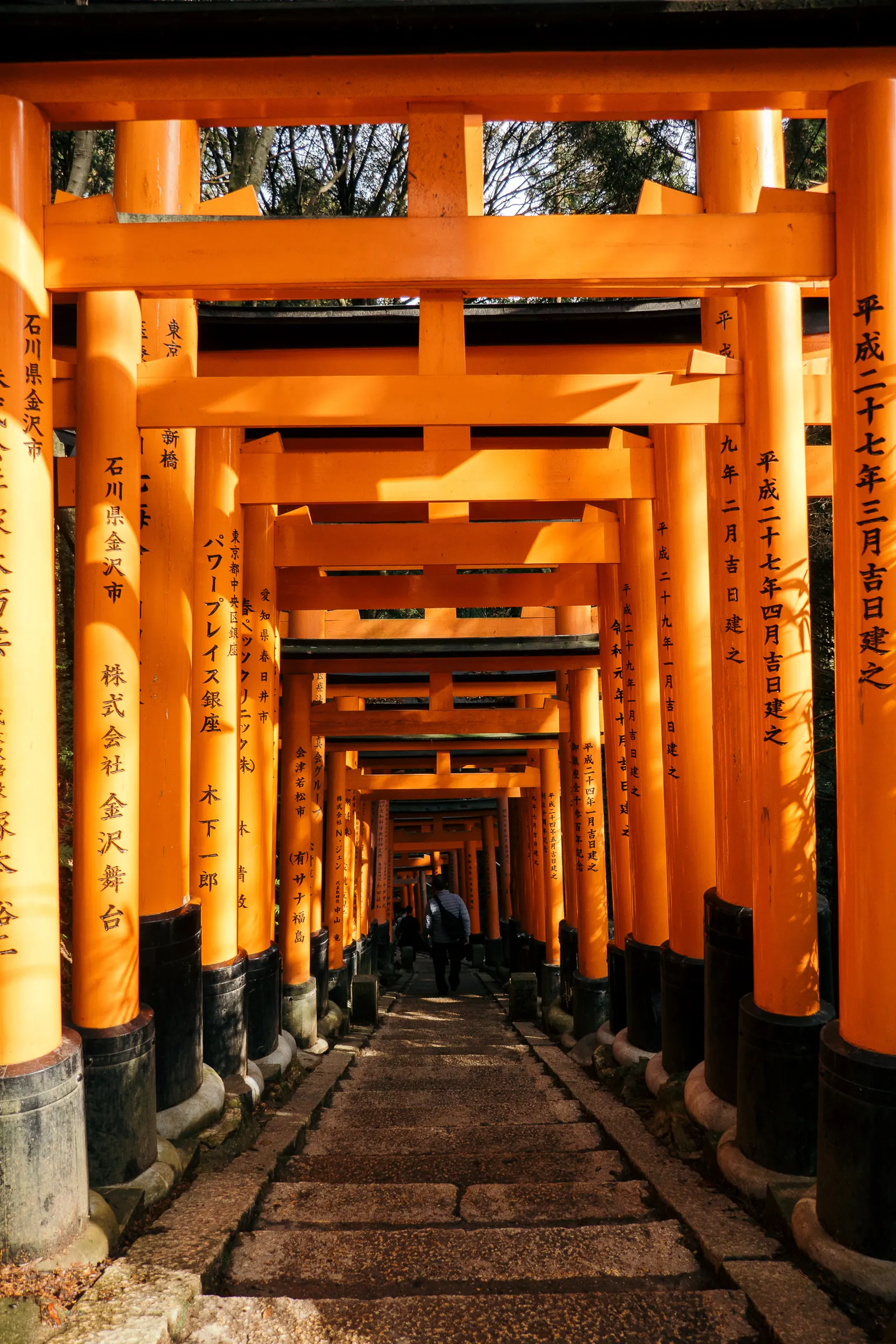 A tunnel of vermilion torii gates along a stone path.